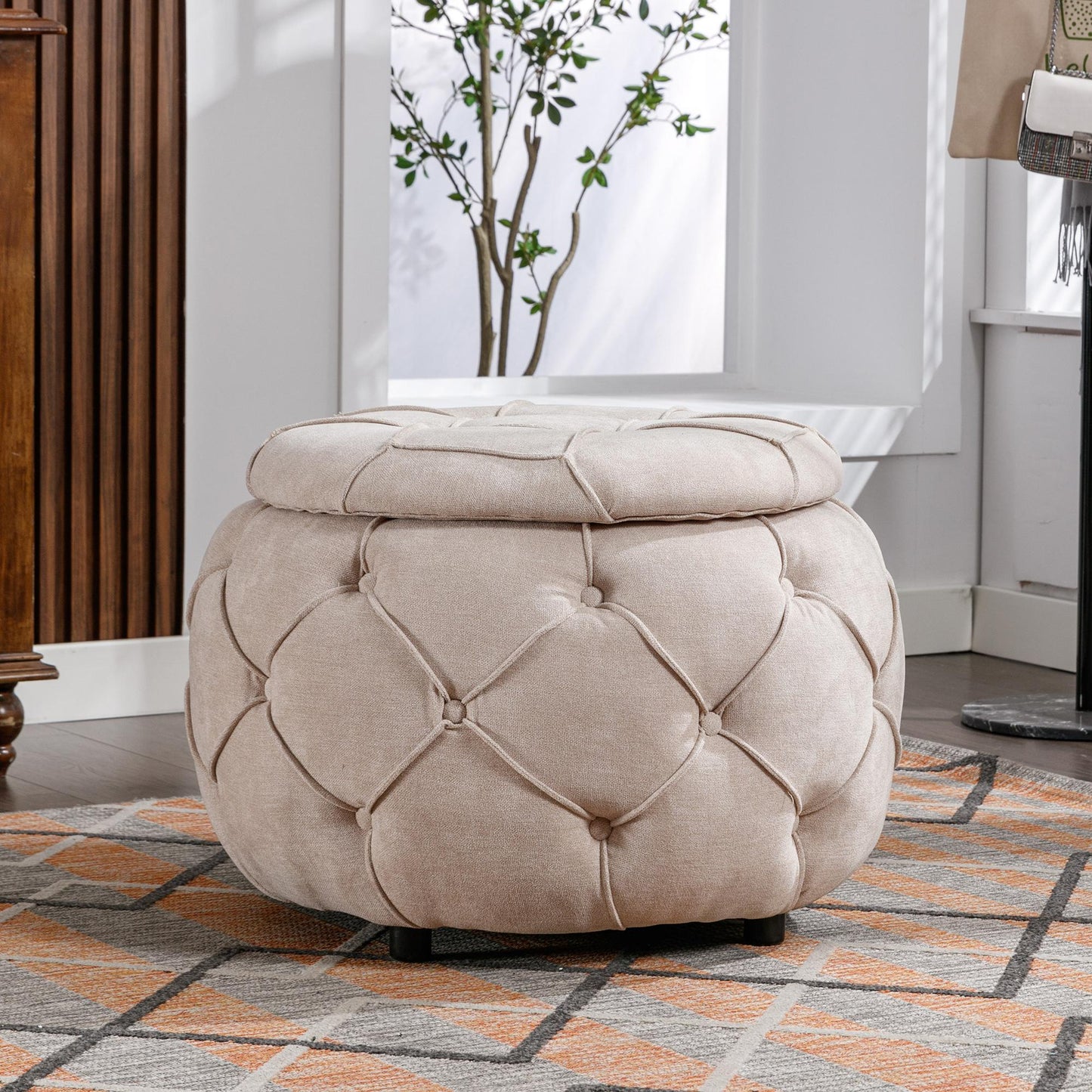 Large Button Tufted Woven Round Storage Footstool