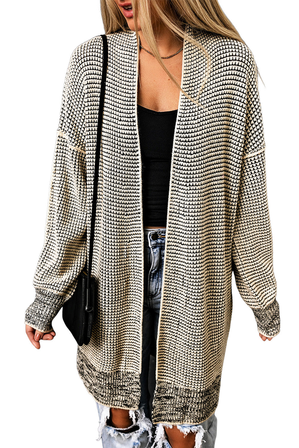 Pink Plaid Contrast Trim Casual Knit Long Cardigan*