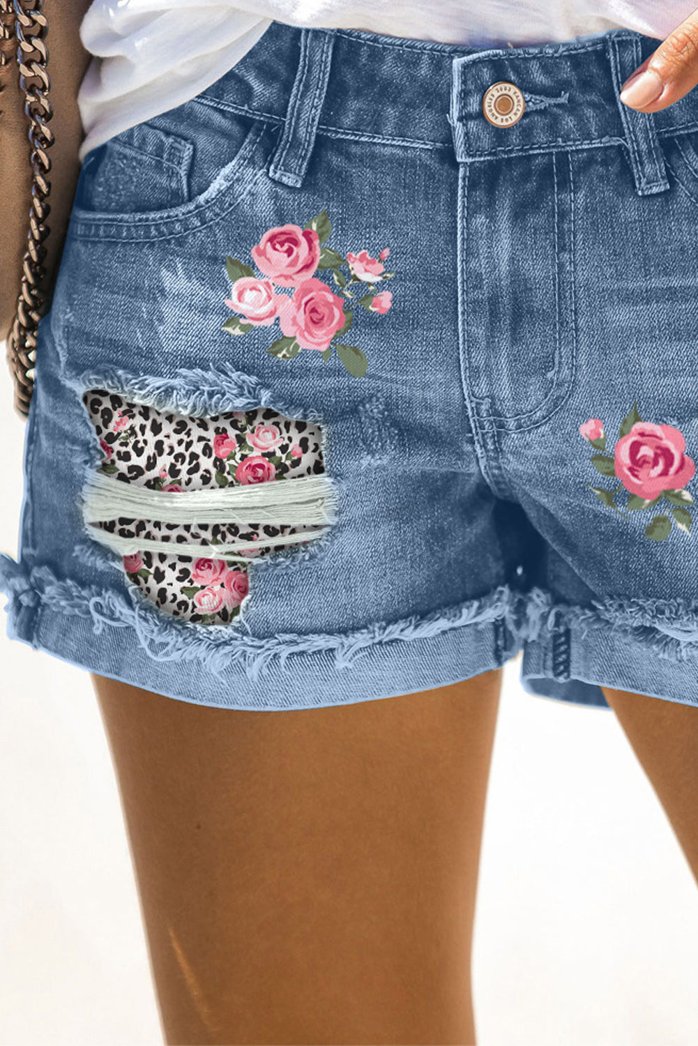 Light Blue Casual Ripped Rolled Hem Denim Shorts