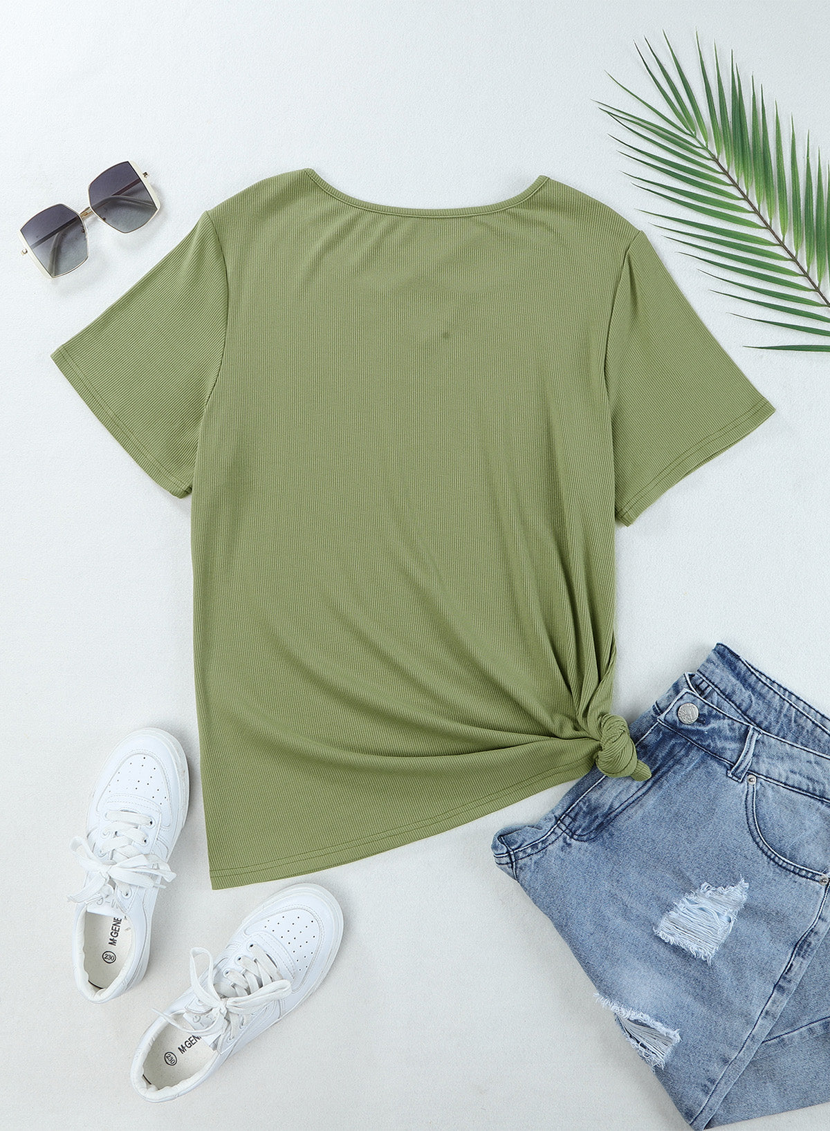 Army Green Casual Crisscross Ribbed Knit  Plus Size Tee *