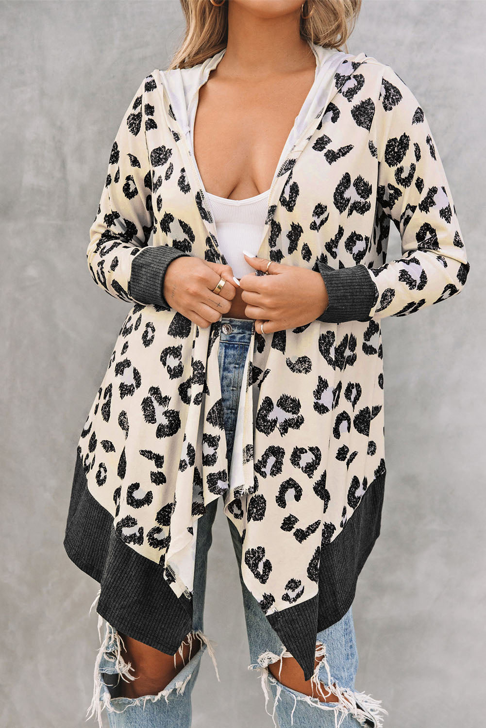 Cheetah Print Casual Hooded Open Front Cardigan *