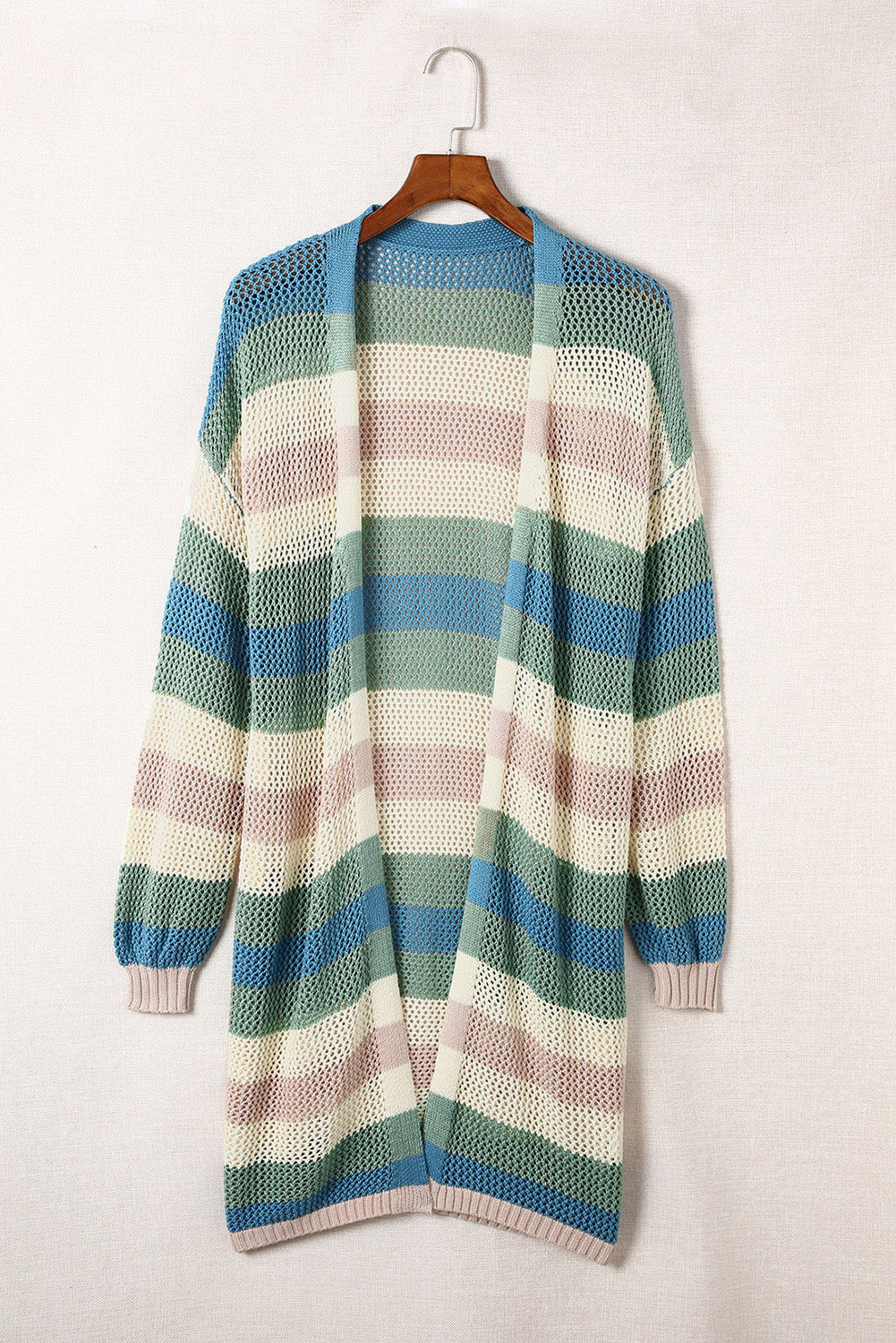 Striped Color Block Hollow Cable Knit Cardigan *