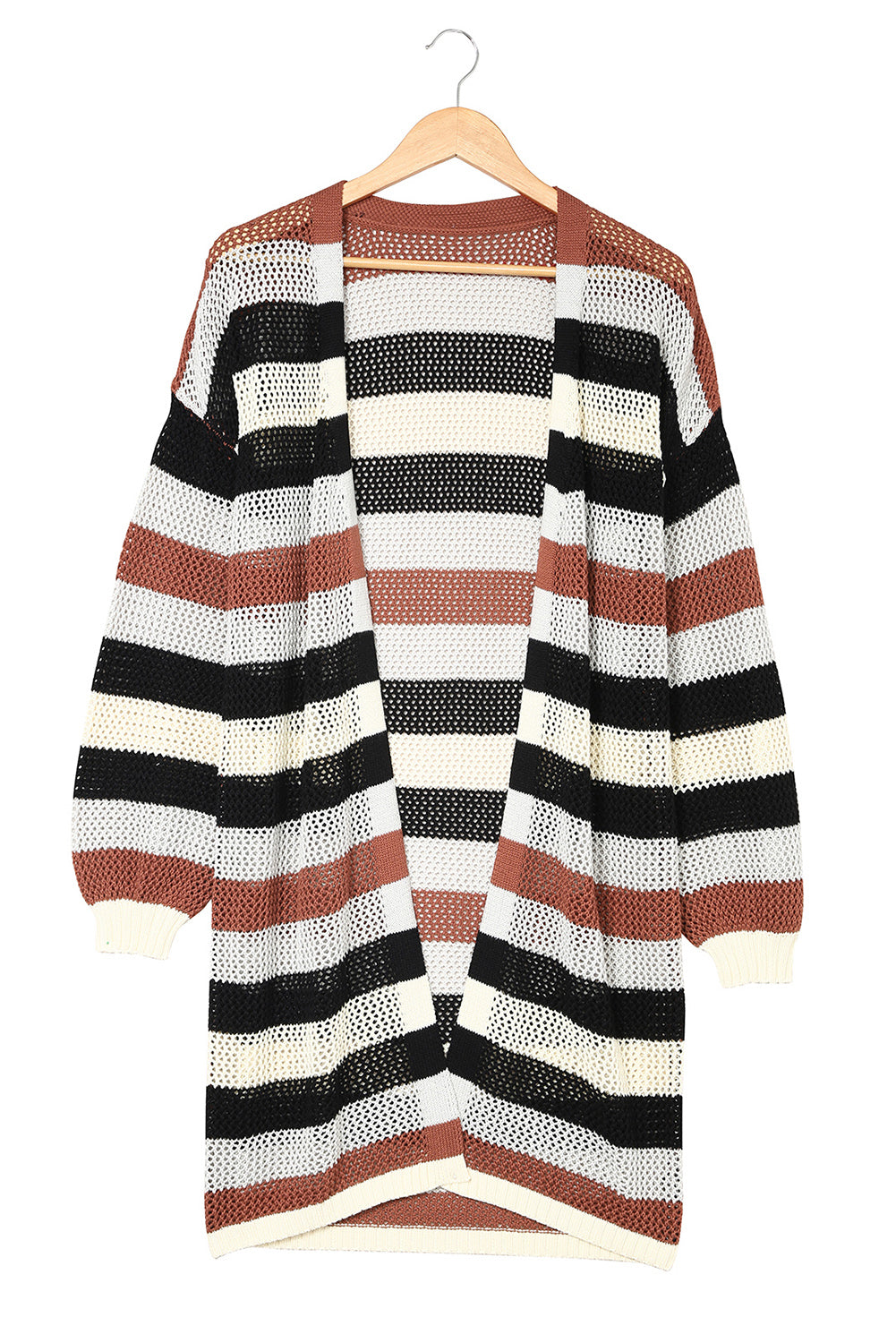 Striped Color Block Hollow Cable Knit Cardigan *