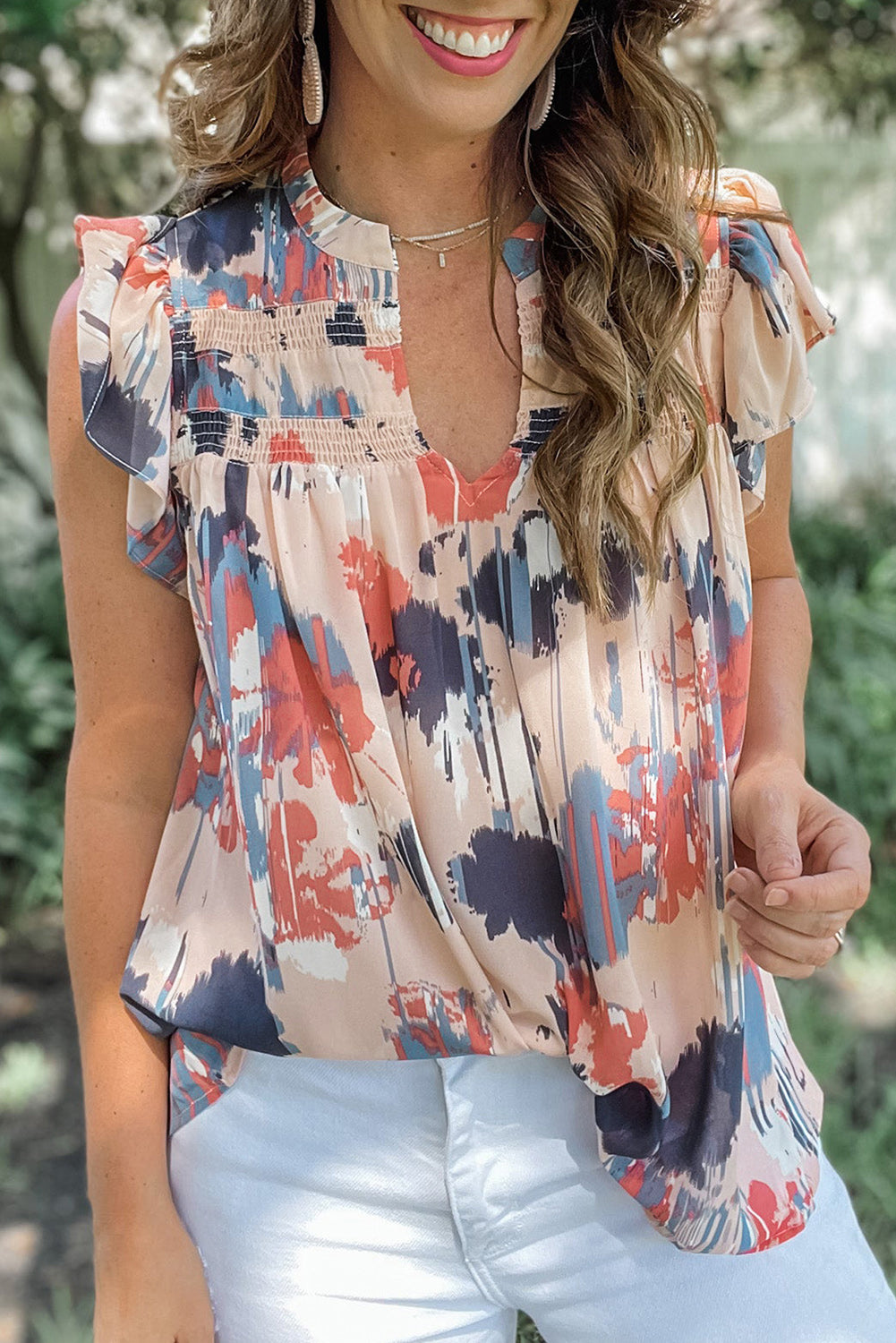 Abstract Print V Neck Boho Shirred Ruffle Sleeveless Shirt *