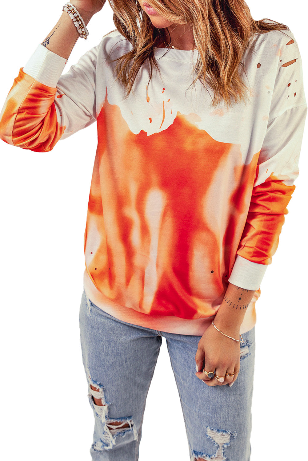 Orange and White Pullover Tie Dye Sweatshirt for Women *