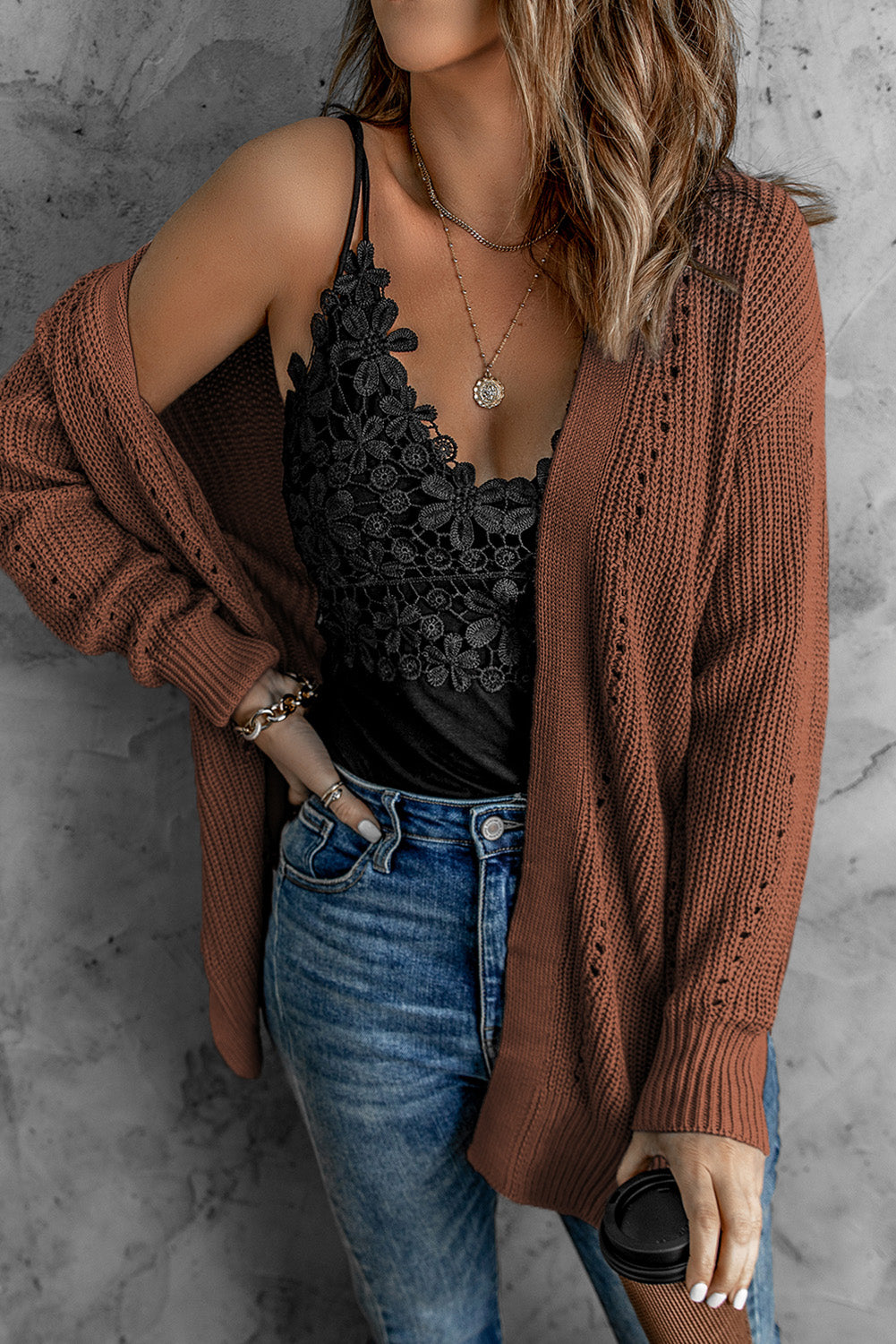 Khaki Fall Long Sleeve Long Cardigan Sweater *