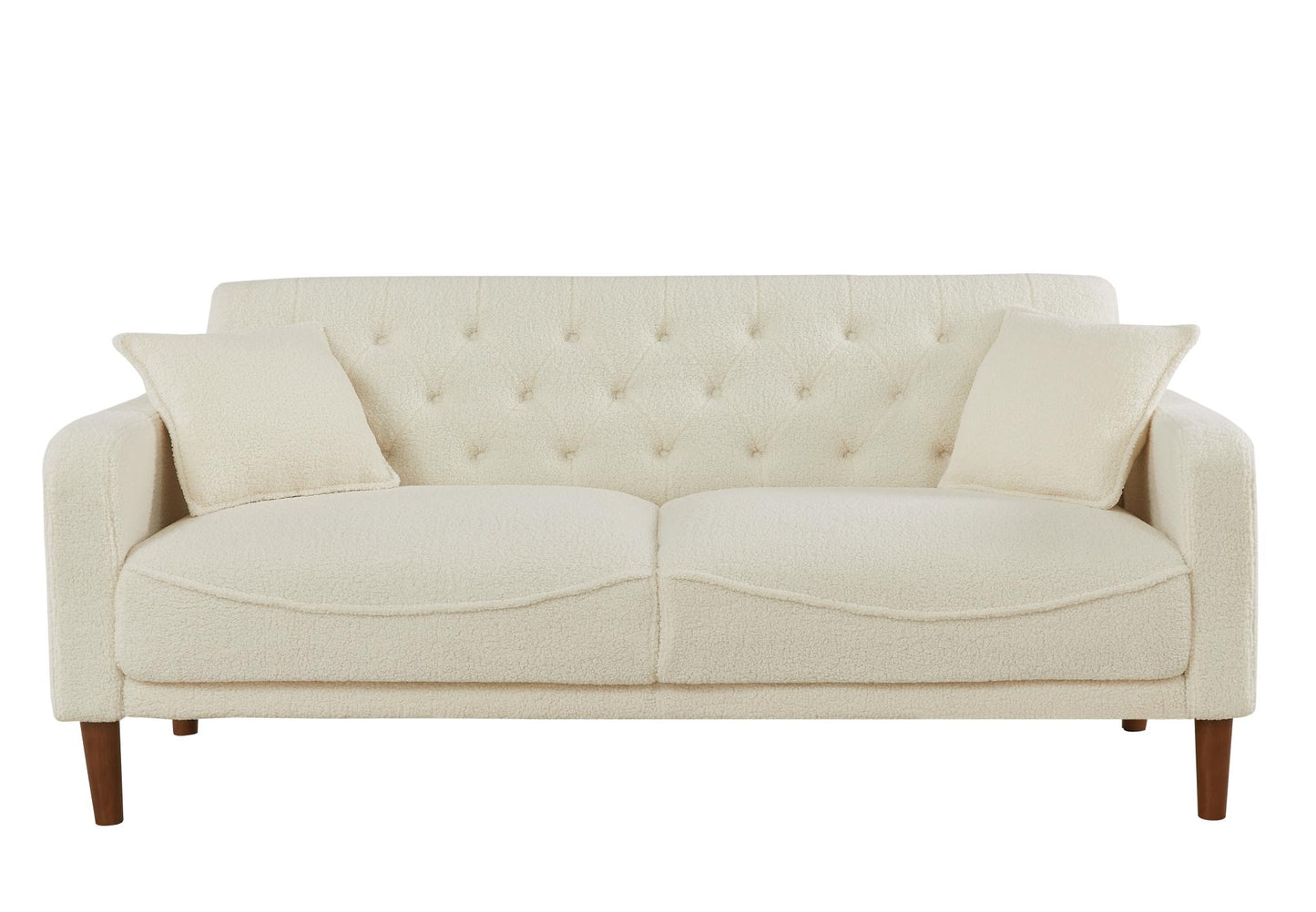 Modern Furniture Teddy Velvet Sofa 2 Pillows Beige Loveseat with Button Tufting