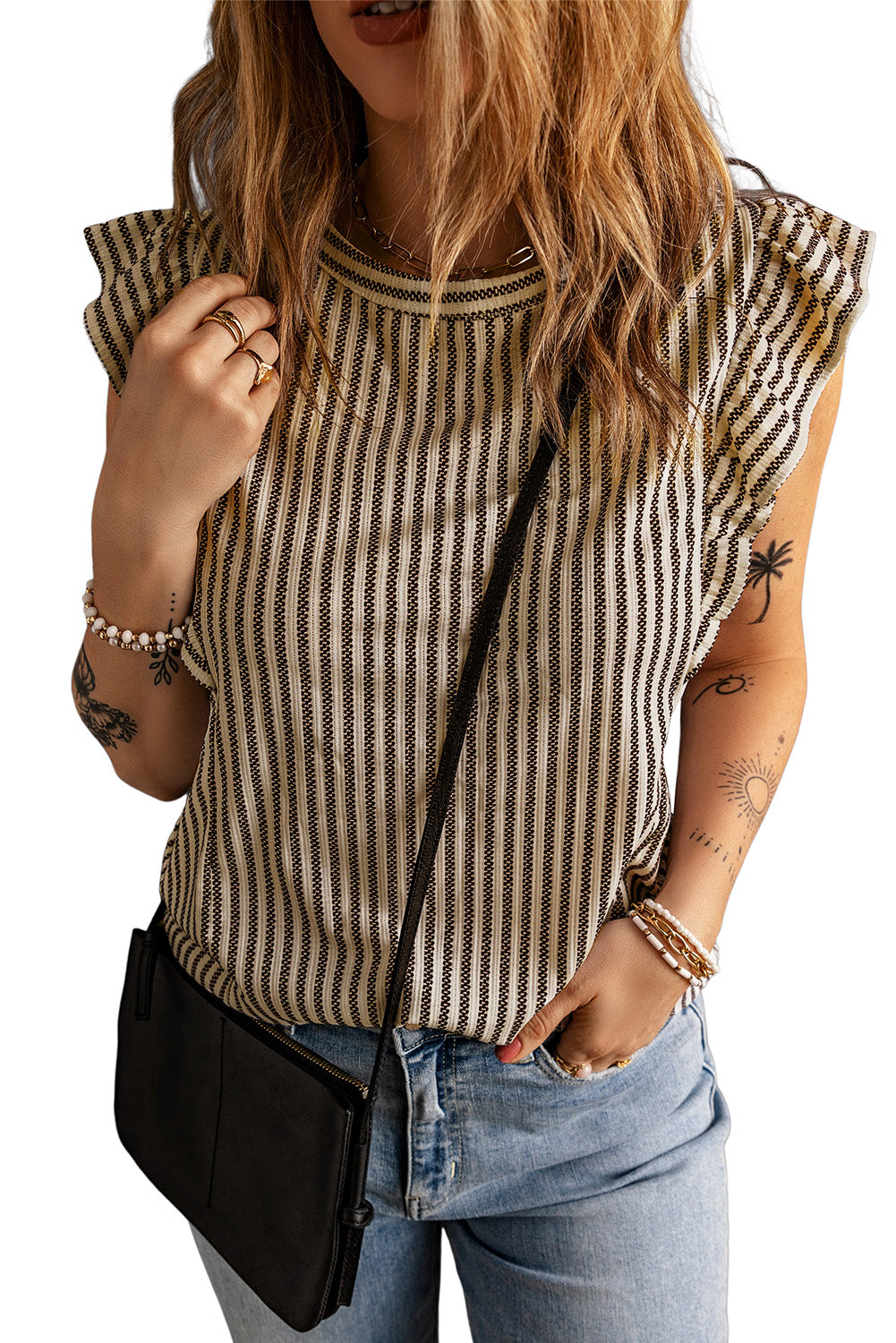 Grey Casual Striped Print Ruffle Summer Top *