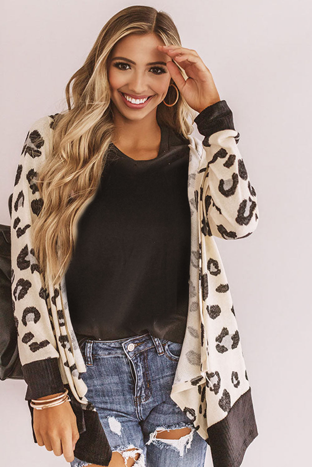 Cheetah Print Casual Hooded Open Front Cardigan *