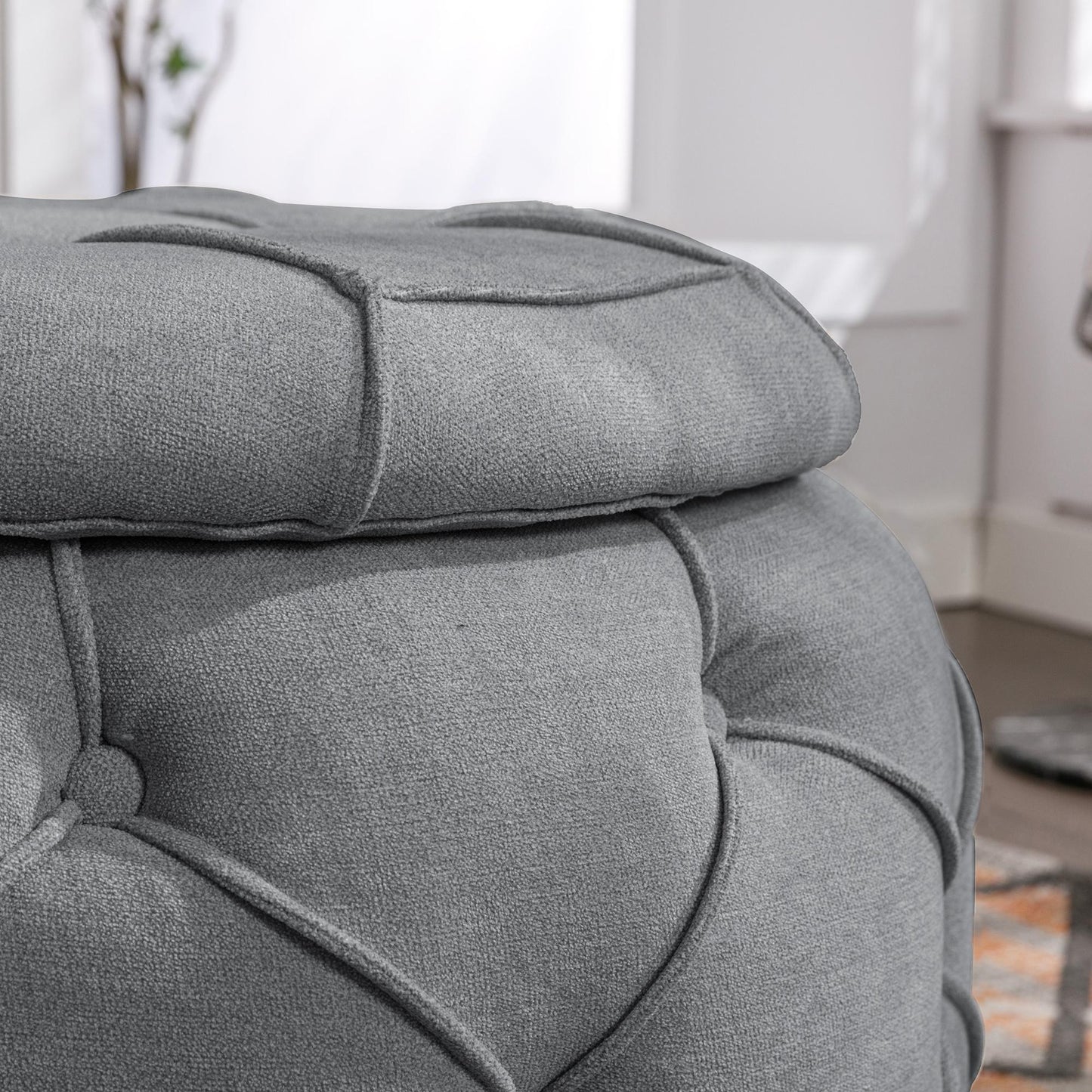 Large Button Tufted Woven Round Storage Footstool