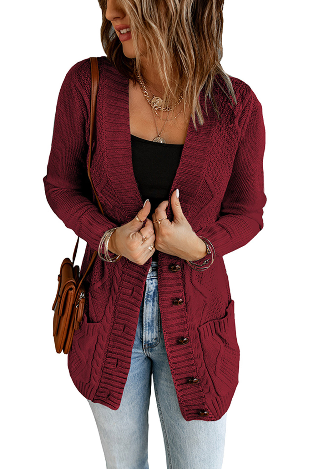 Color Block Button Up Closure Knitted Cardigan with Pocket *