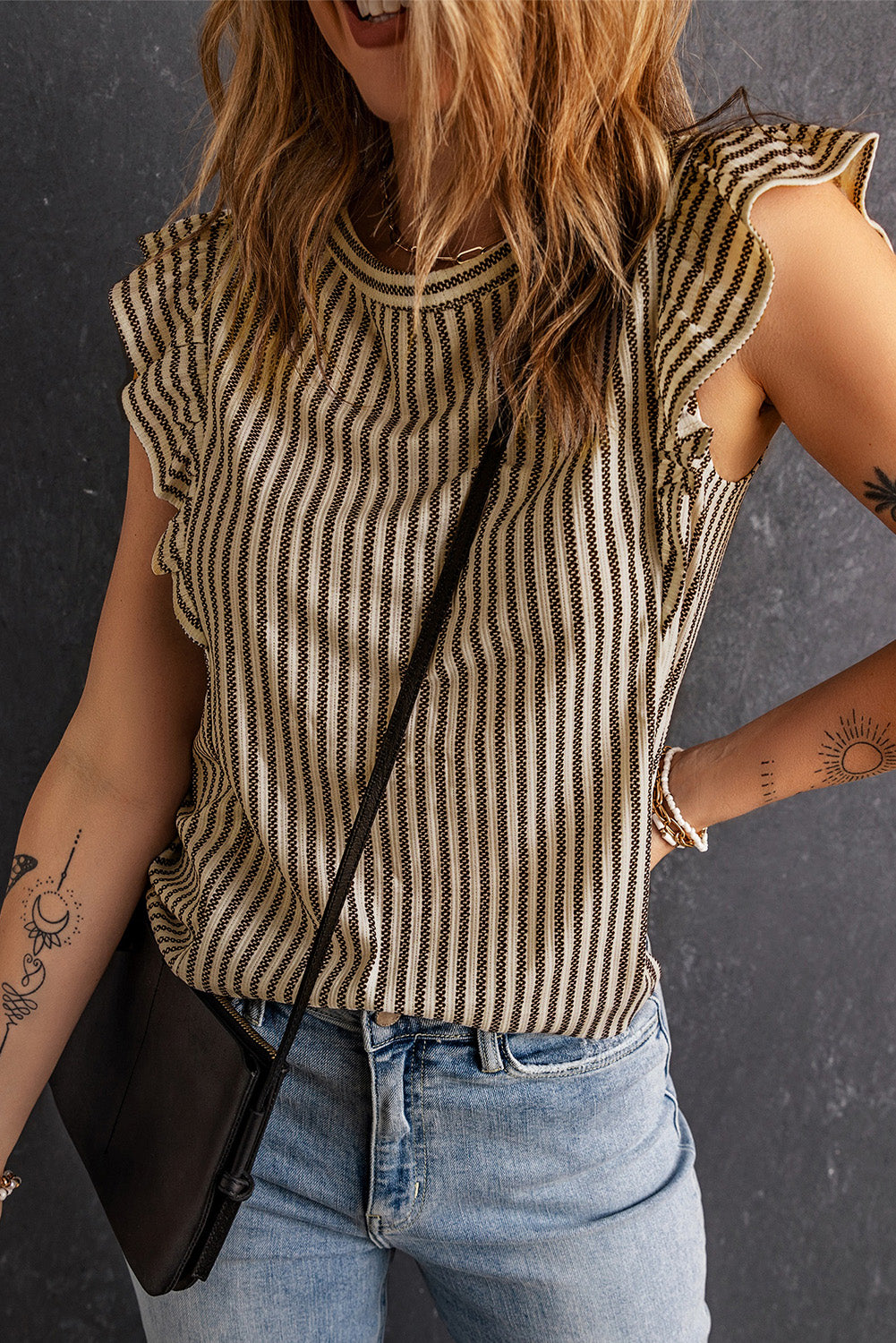 Grey Casual Striped Print Ruffle Summer Top *