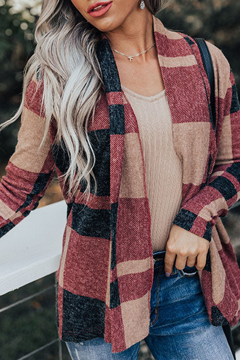 Plaid Casual Draped Open Front Cardigan *