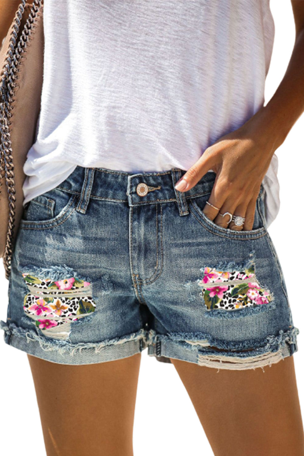 Light Blue Casual Ripped Rolled Hem Denim Shorts