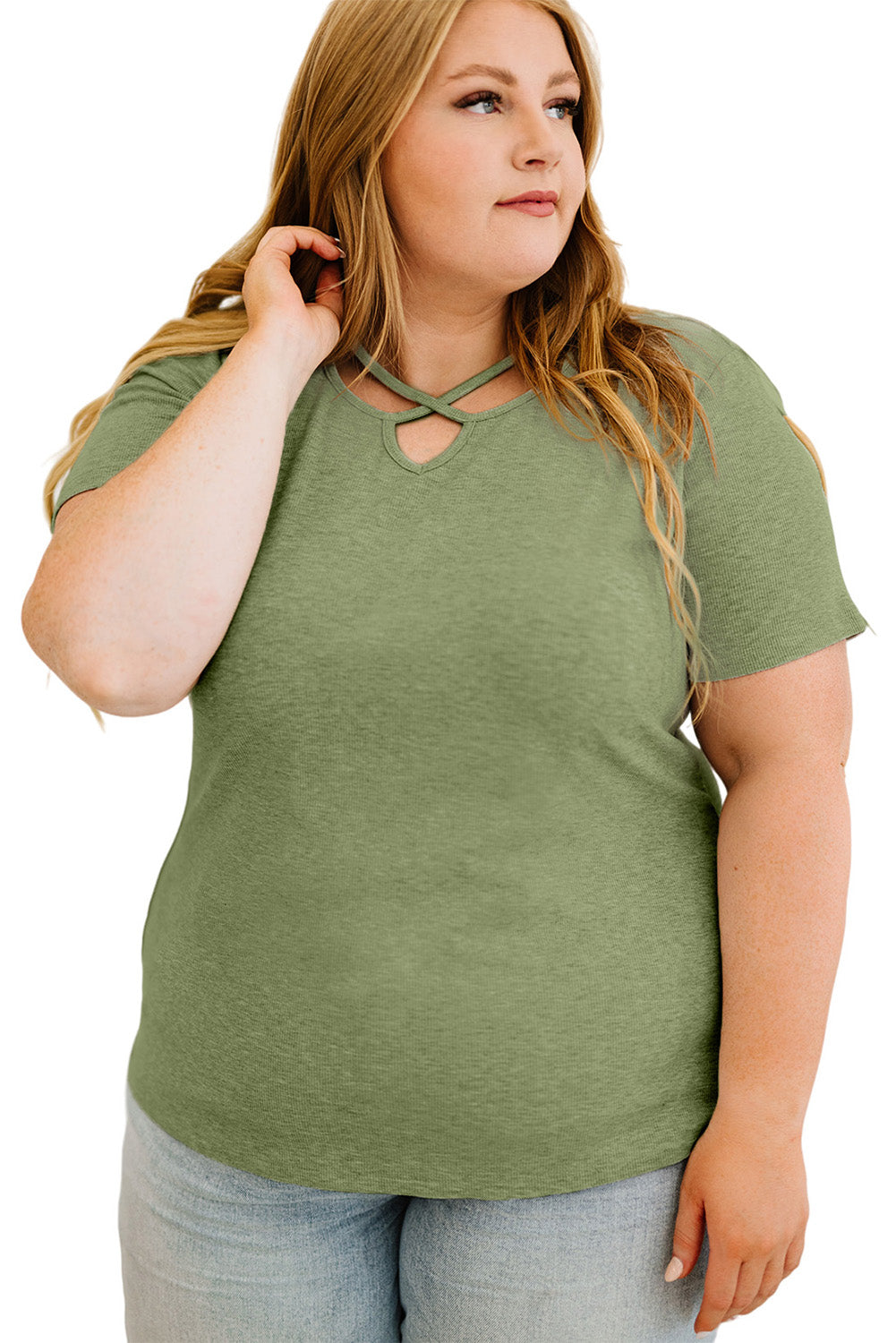 Army Green Casual Crisscross Ribbed Knit  Plus Size Tee *