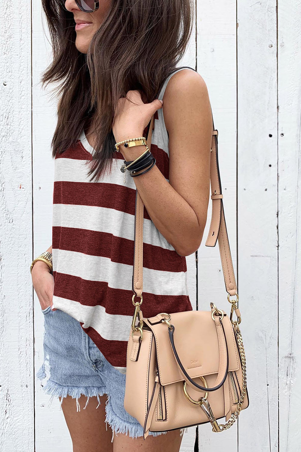 Striped Colorblock V Neck Casual Tank Top