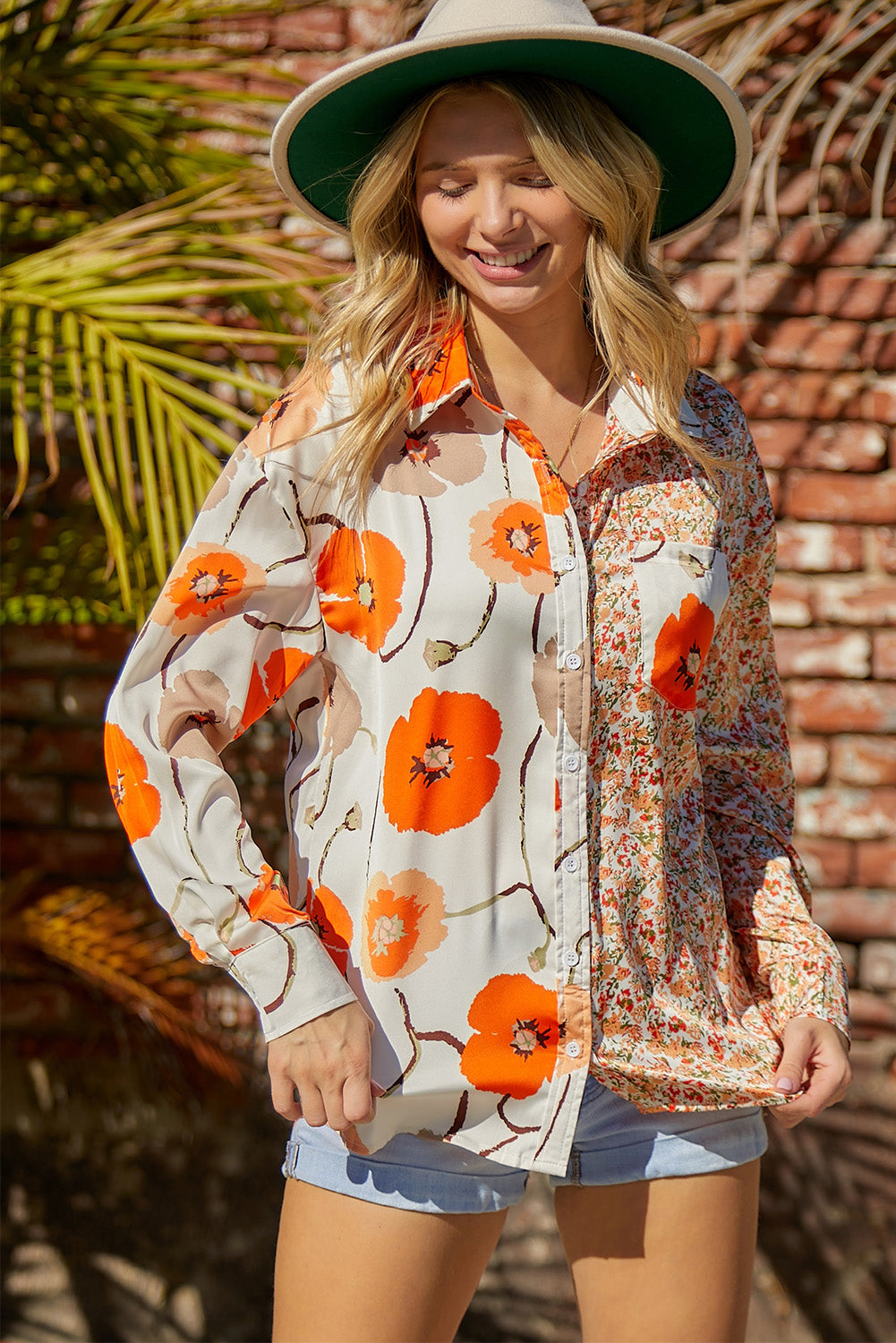 Bohemian Floral Pockets Patchwork Button Up Shirt *