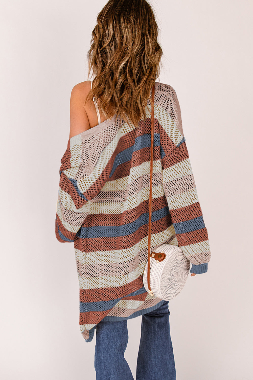 Striped Color Block Hollow Cable Knit Cardigan *