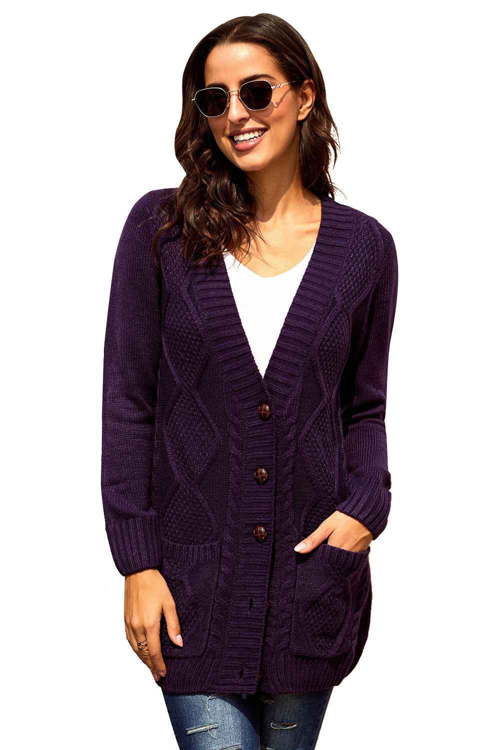 Color Block Button Up Closure Knitted Cardigan with Pocket *