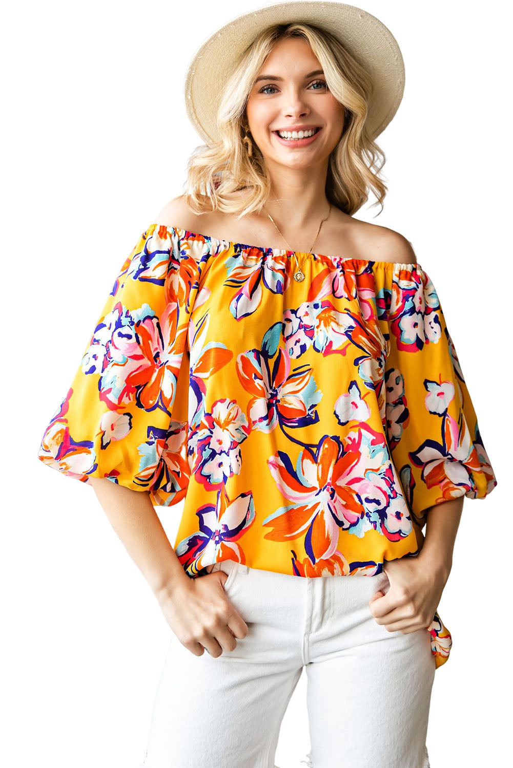 Floral Print Boho Half Sleeve Bishop Sleeve Blouse *