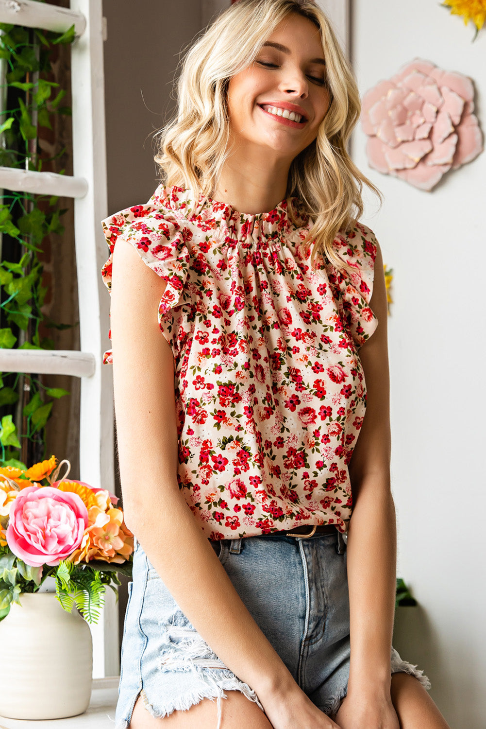 Boho Floral Print Ruffled Mock Neck Sleeveless Shirt *