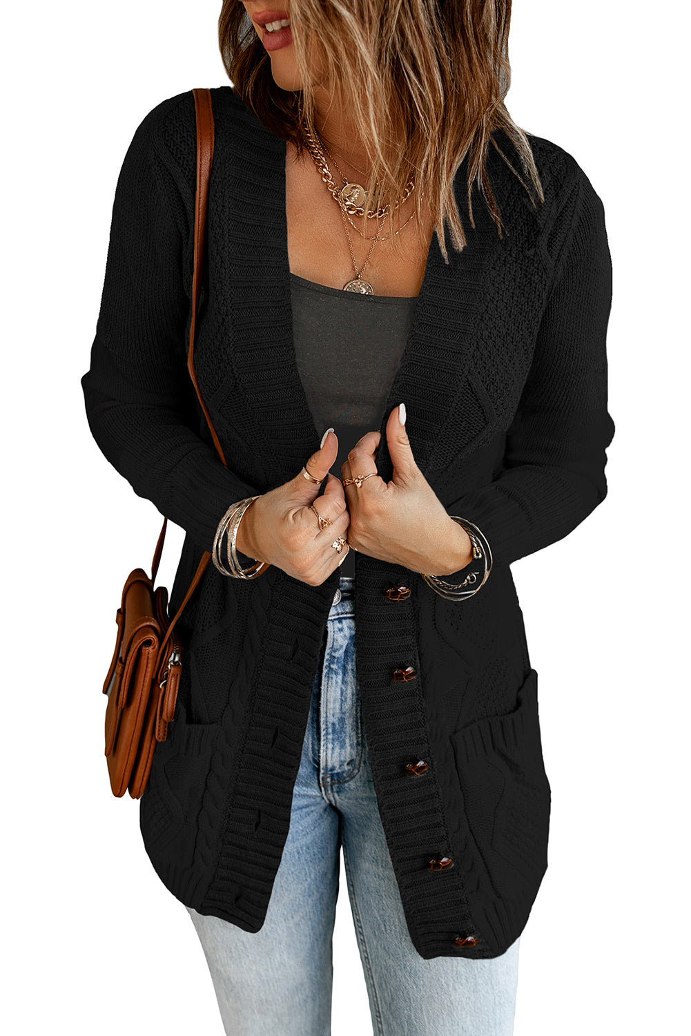 Color Block Button Up Closure Knitted Cardigan with Pocket *