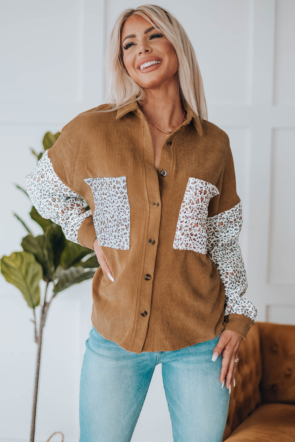 Leopard Patchwork Corduroy Buttoned Shirt Jacket *