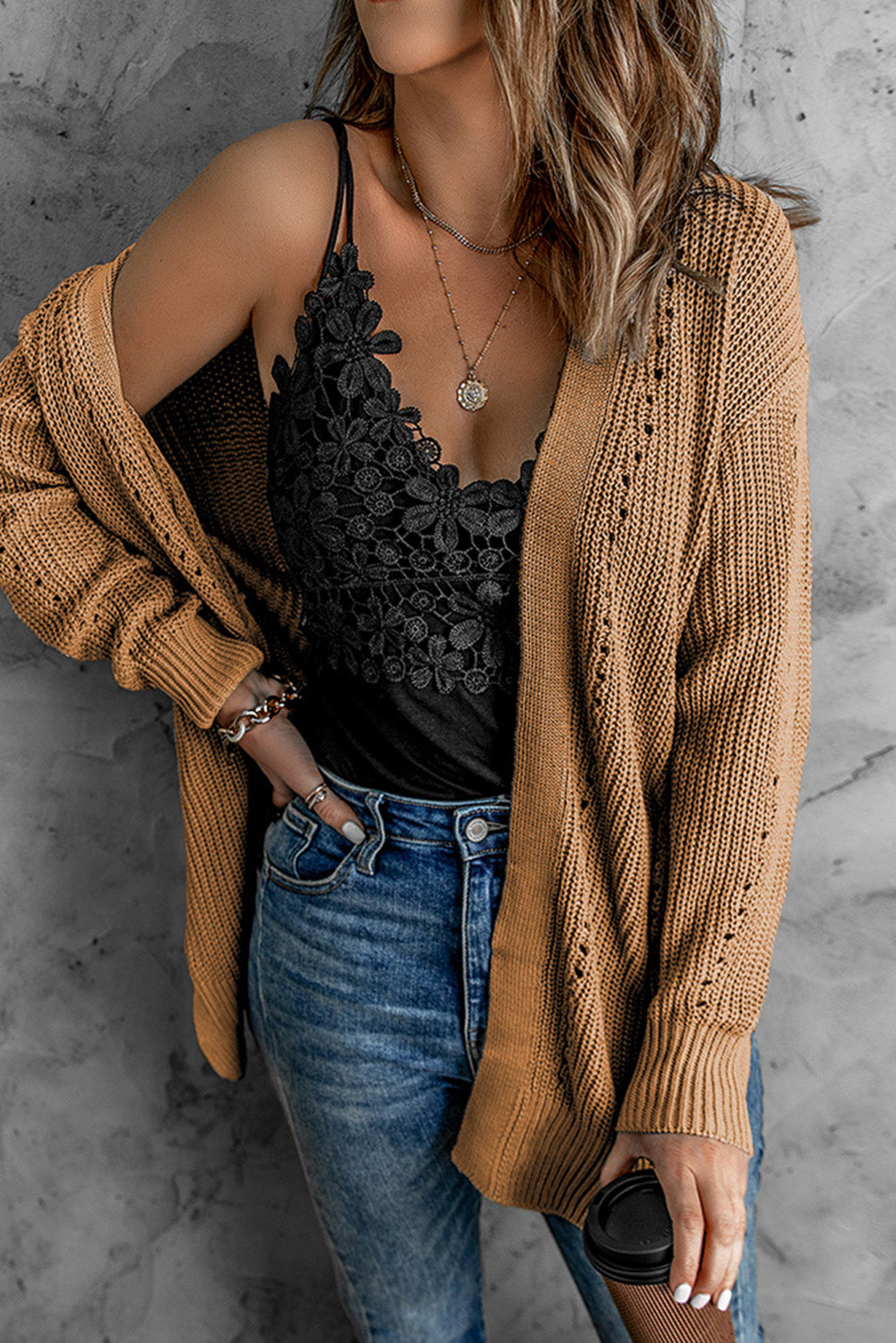 Khaki Fall Long Sleeve Long Cardigan Sweater *