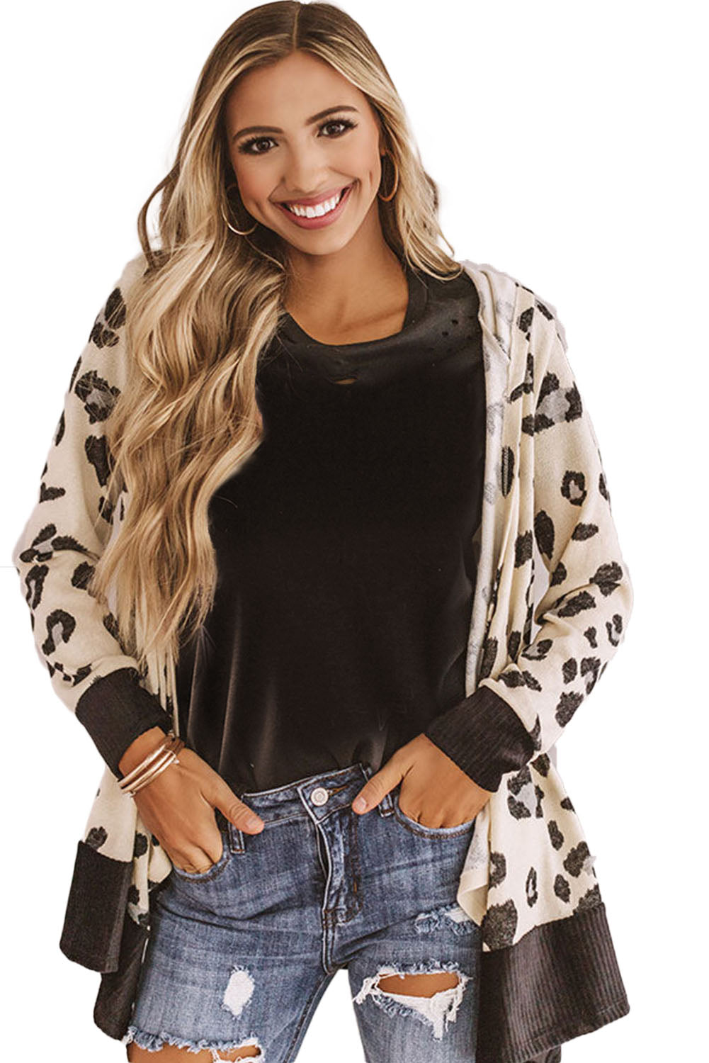 Cheetah Print Casual Hooded Open Front Cardigan *