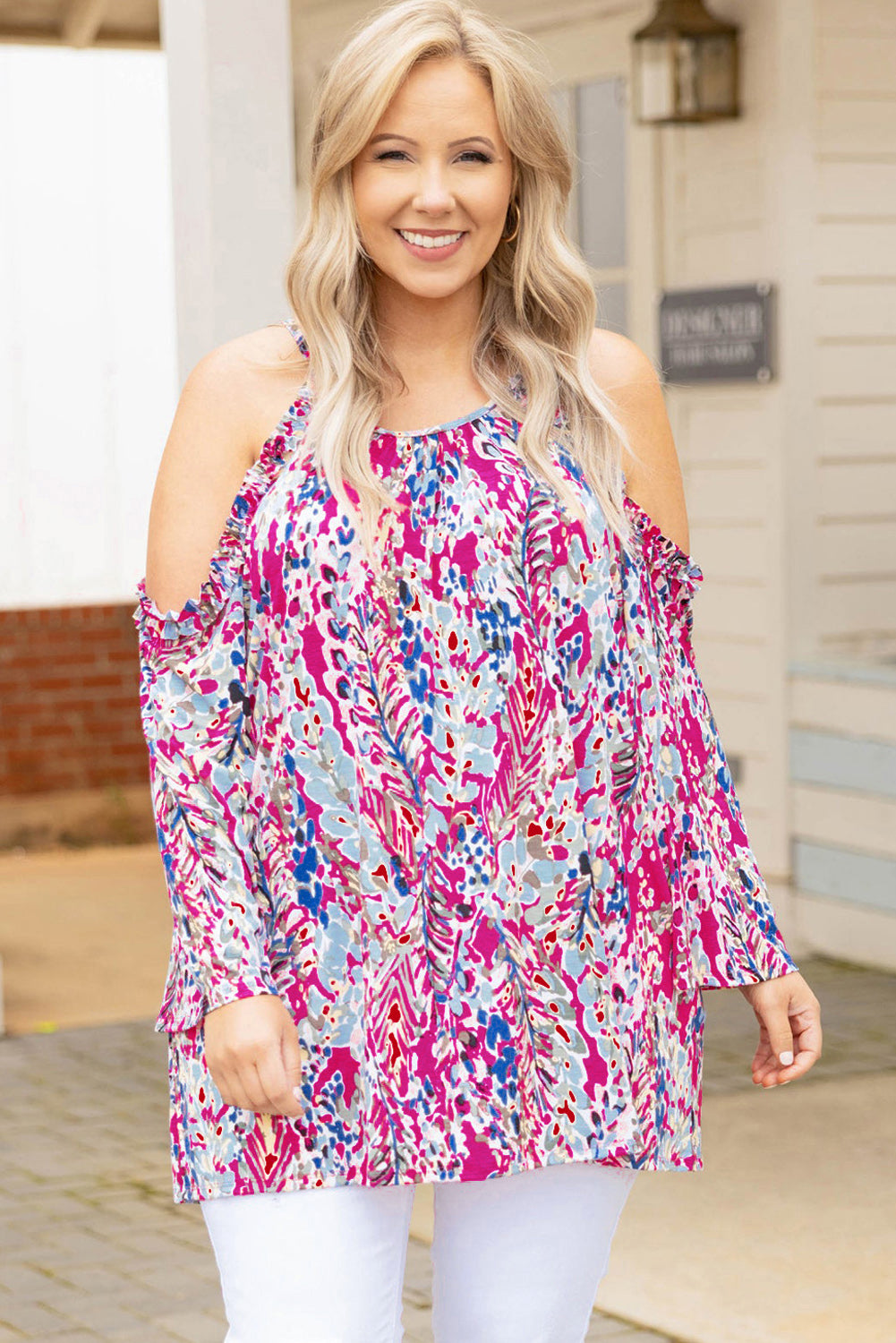 Abstract Print Boho Cold Shoulder Plus Size Top *