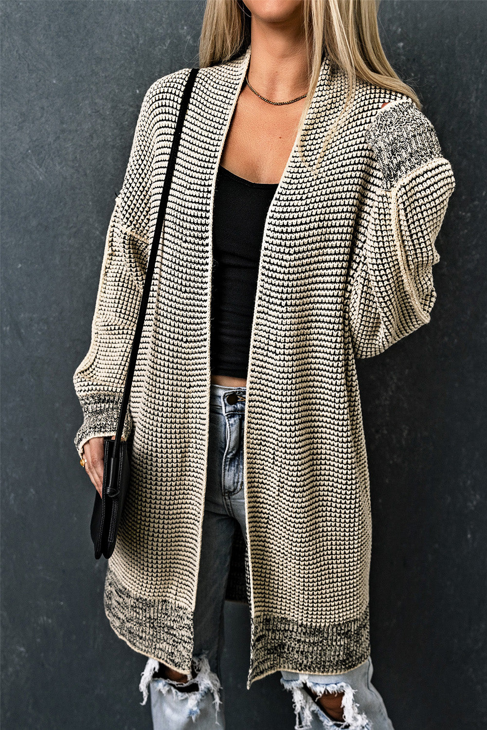 Pink Plaid Contrast Trim Casual Knit Long Cardigan*