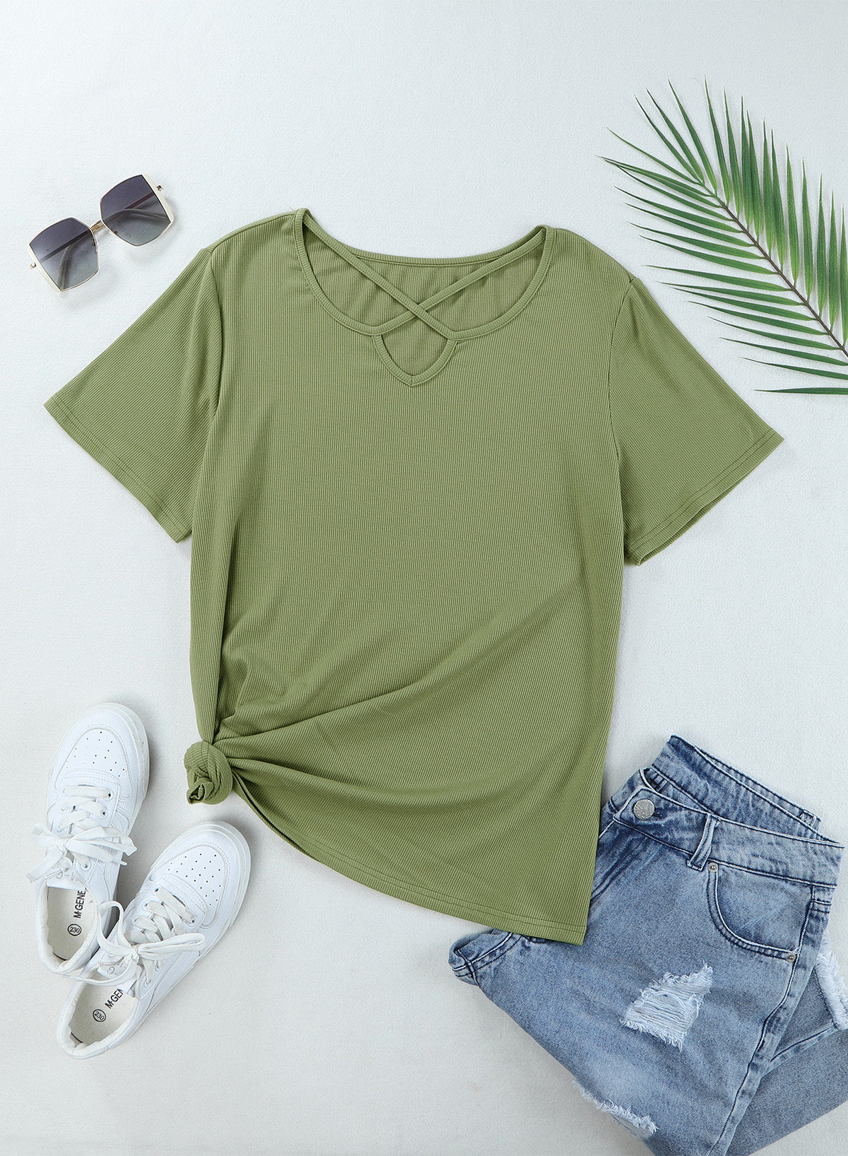 Army Green Casual Crisscross Ribbed Knit  Plus Size Tee *