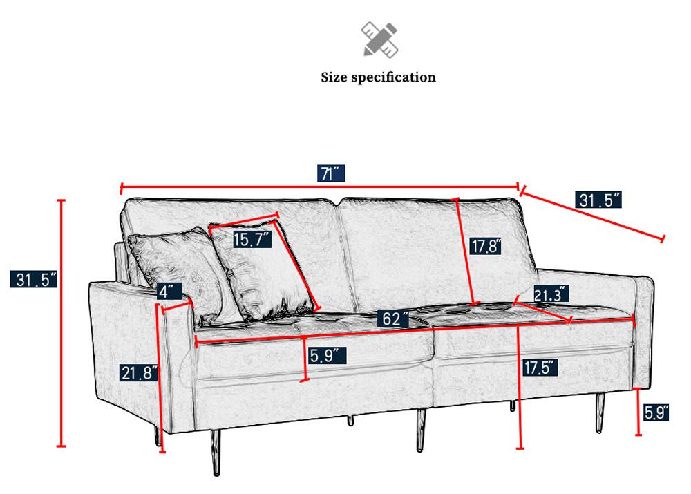 Modern Velvet fabric sofa 71" - Yellow