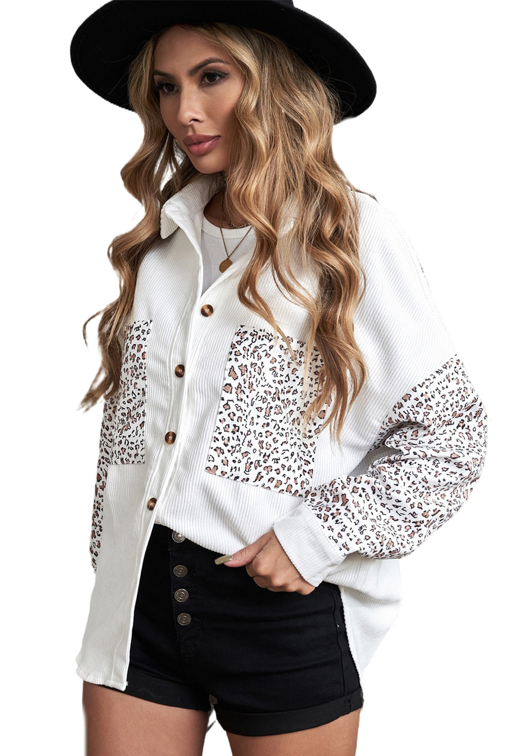 Leopard Patchwork Corduroy Buttoned Shirt Jacket *