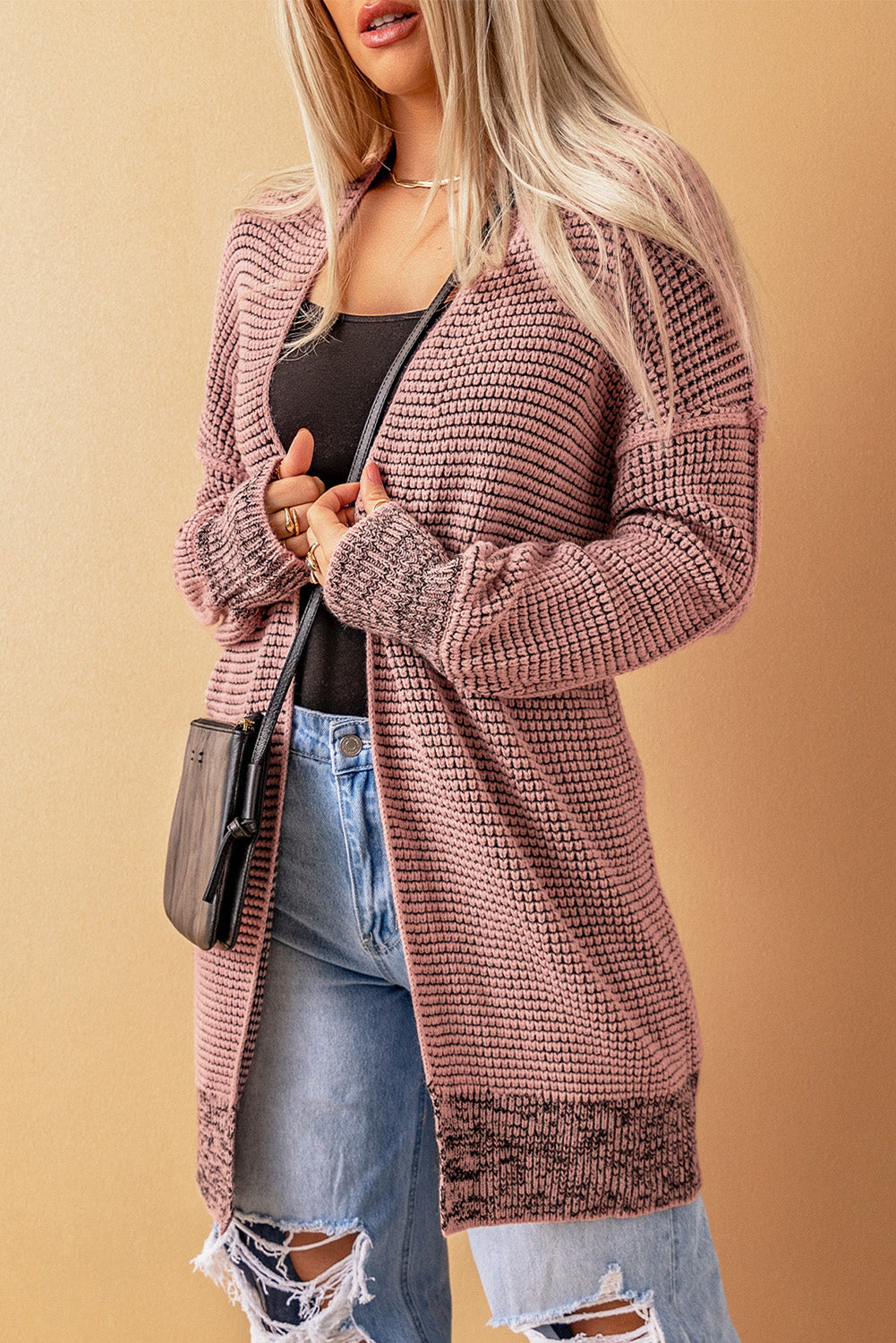 Pink Plaid Contrast Trim Casual Knit Long Cardigan*