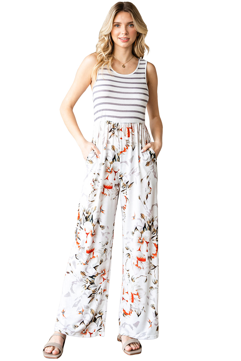 Striped Floral Pocket Sleeveless Jumpsuit With Pockets *