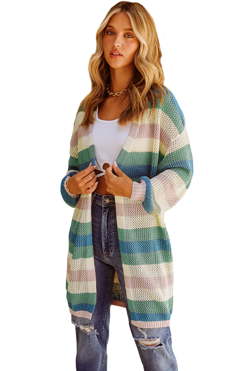 Striped Color Block Hollow Cable Knit Cardigan *