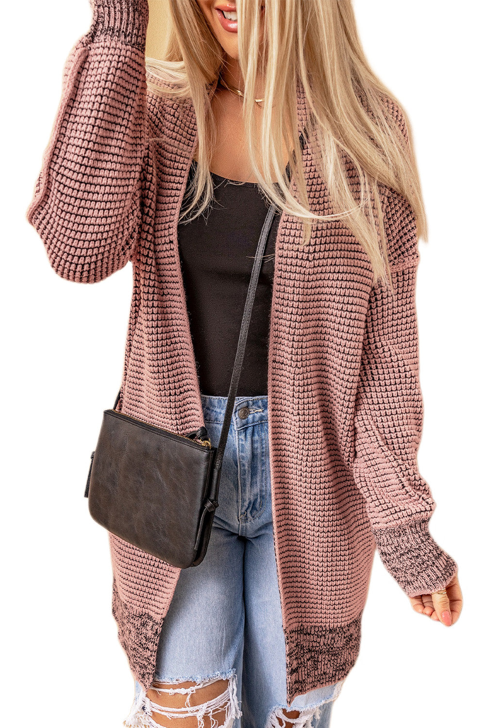 Pink Plaid Contrast Trim Casual Knit Long Cardigan*