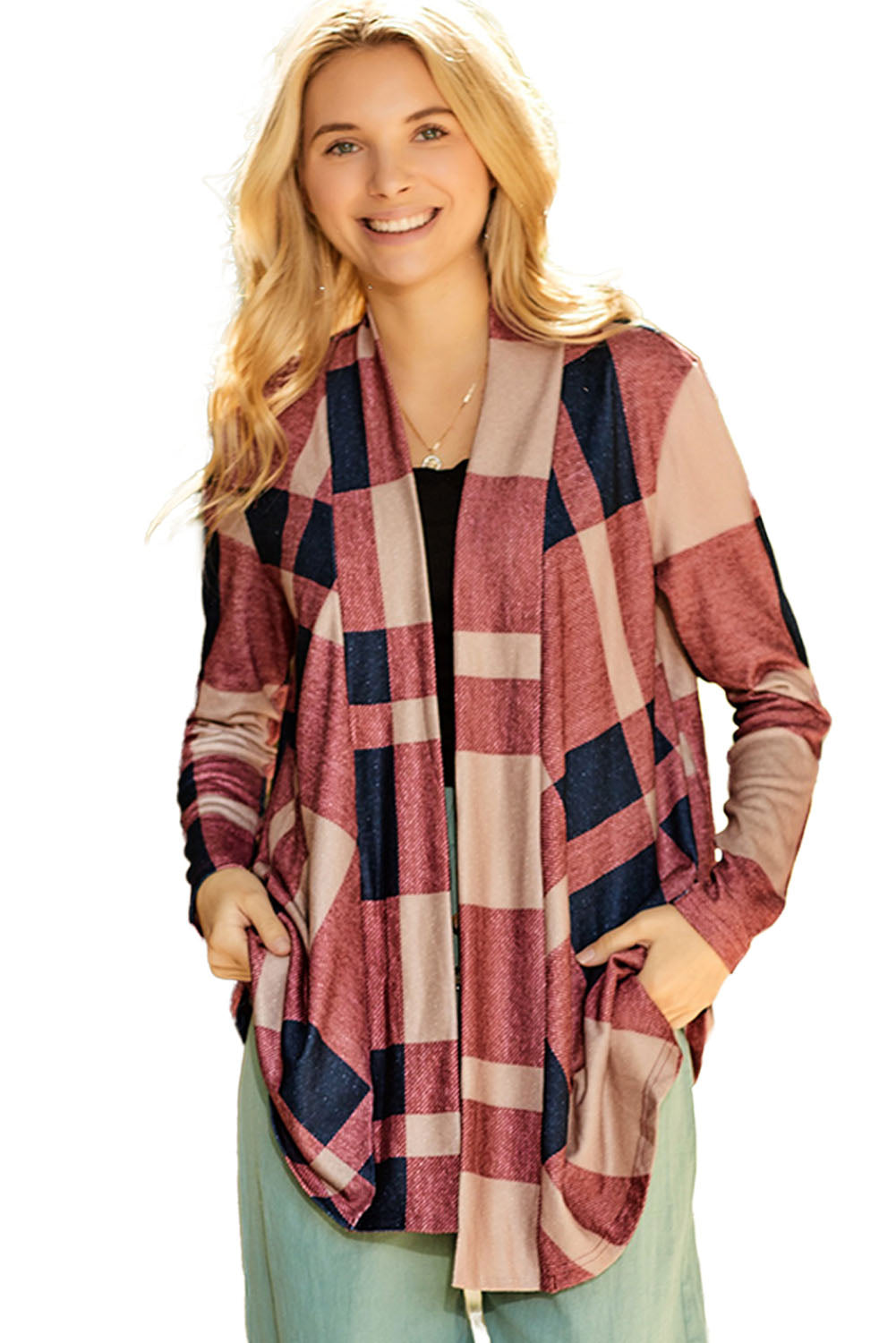 Plaid Casual Draped Open Front Cardigan *