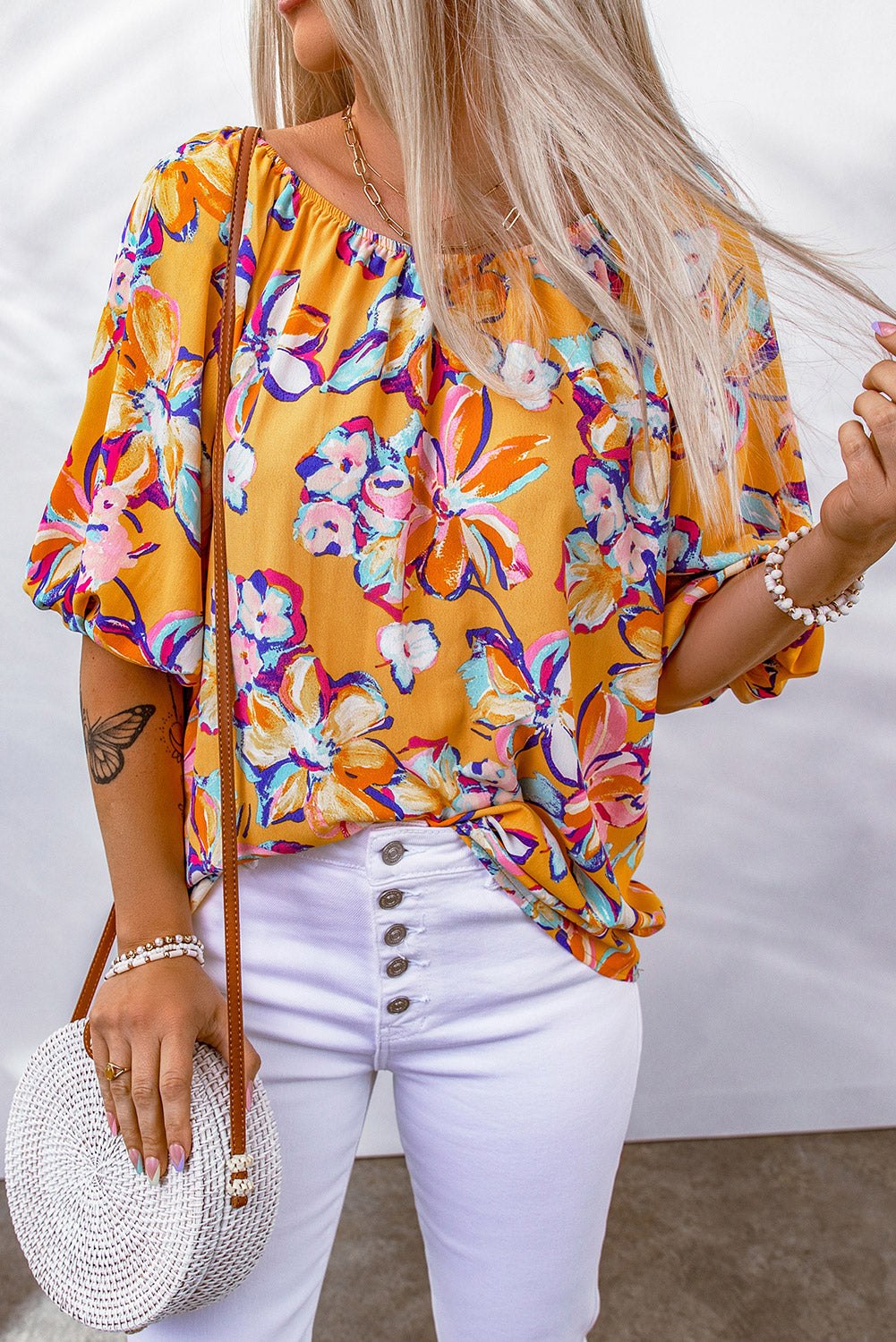 Floral Print Boho Half Sleeve Bishop Sleeve Blouse *