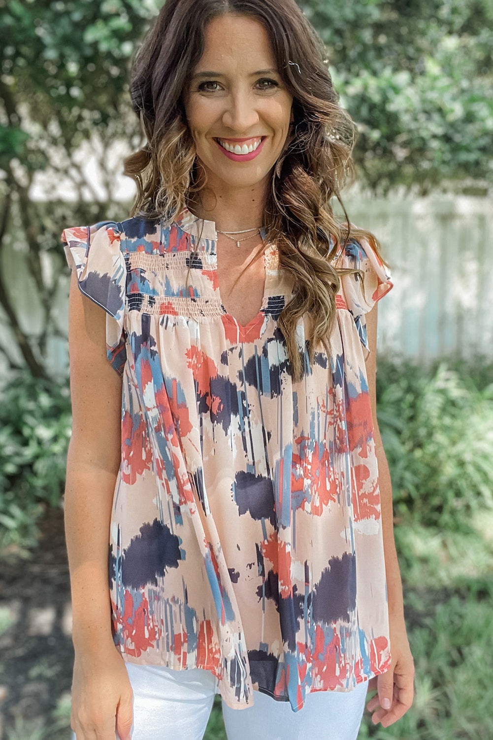 Abstract Print V Neck Boho Shirred Ruffle Sleeveless Shirt *