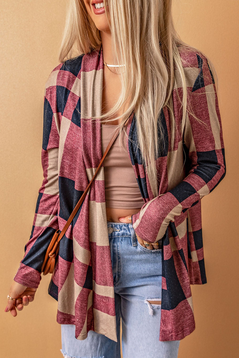 Plaid Casual Draped Open Front Cardigan *