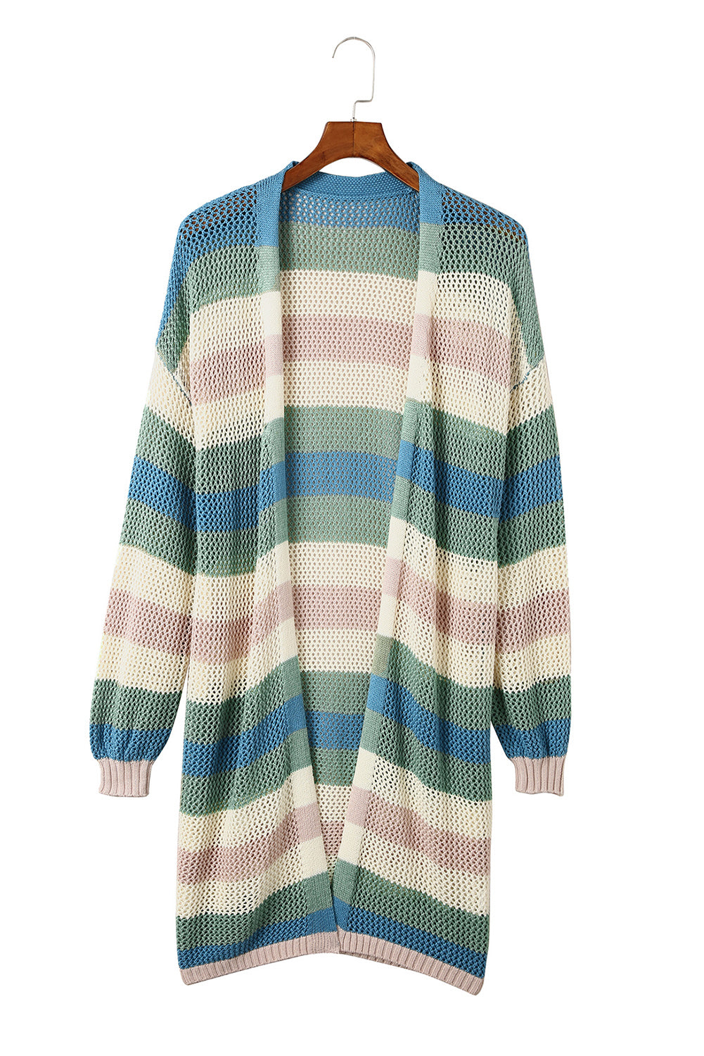 Striped Color Block Hollow Cable Knit Cardigan *