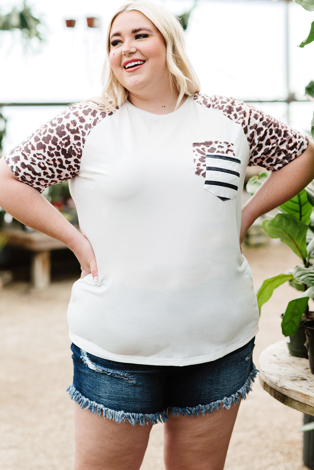 Leopard Striped Double Pocket Plus Size Tee *