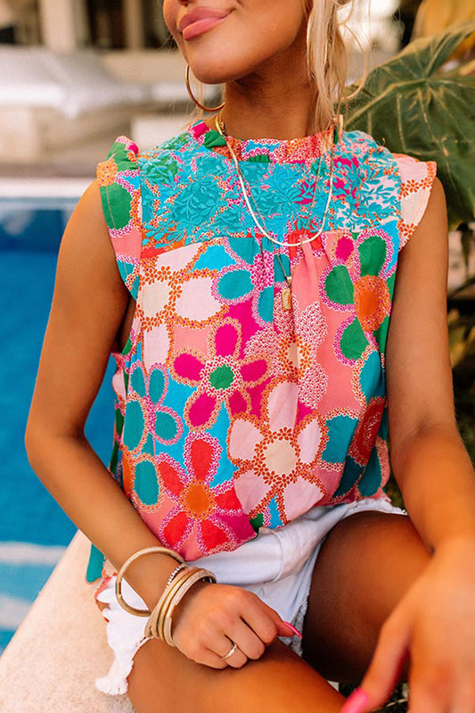 Pink Floral Print Boho Sleeveless Blouse