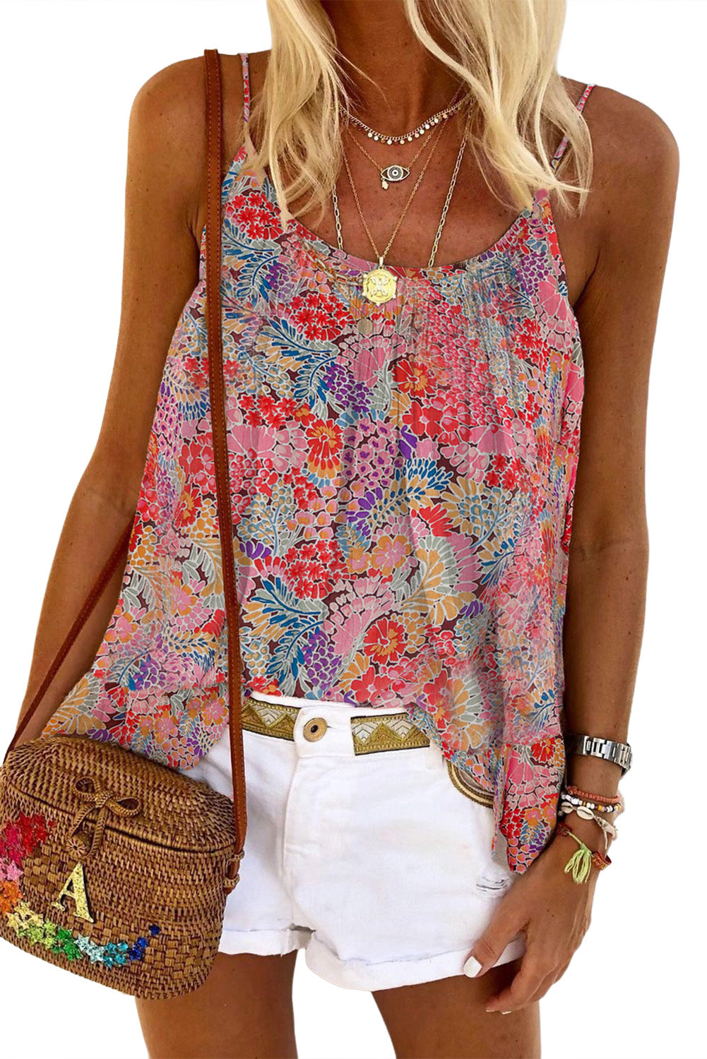 Multicolor Floral Print Spaghetti Straps Sleeveless Top *