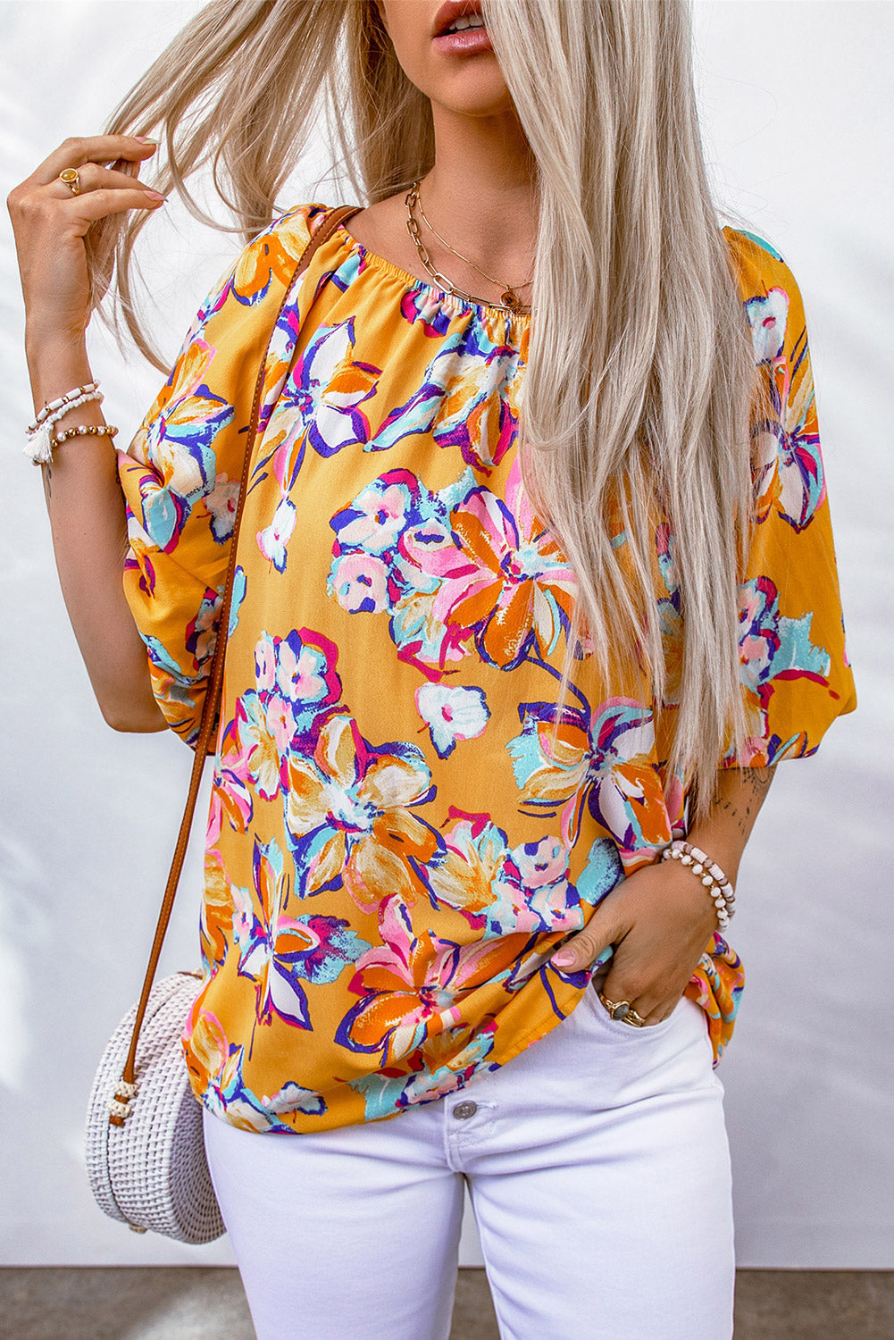 Floral Print Boho Half Sleeve Bishop Sleeve Blouse *