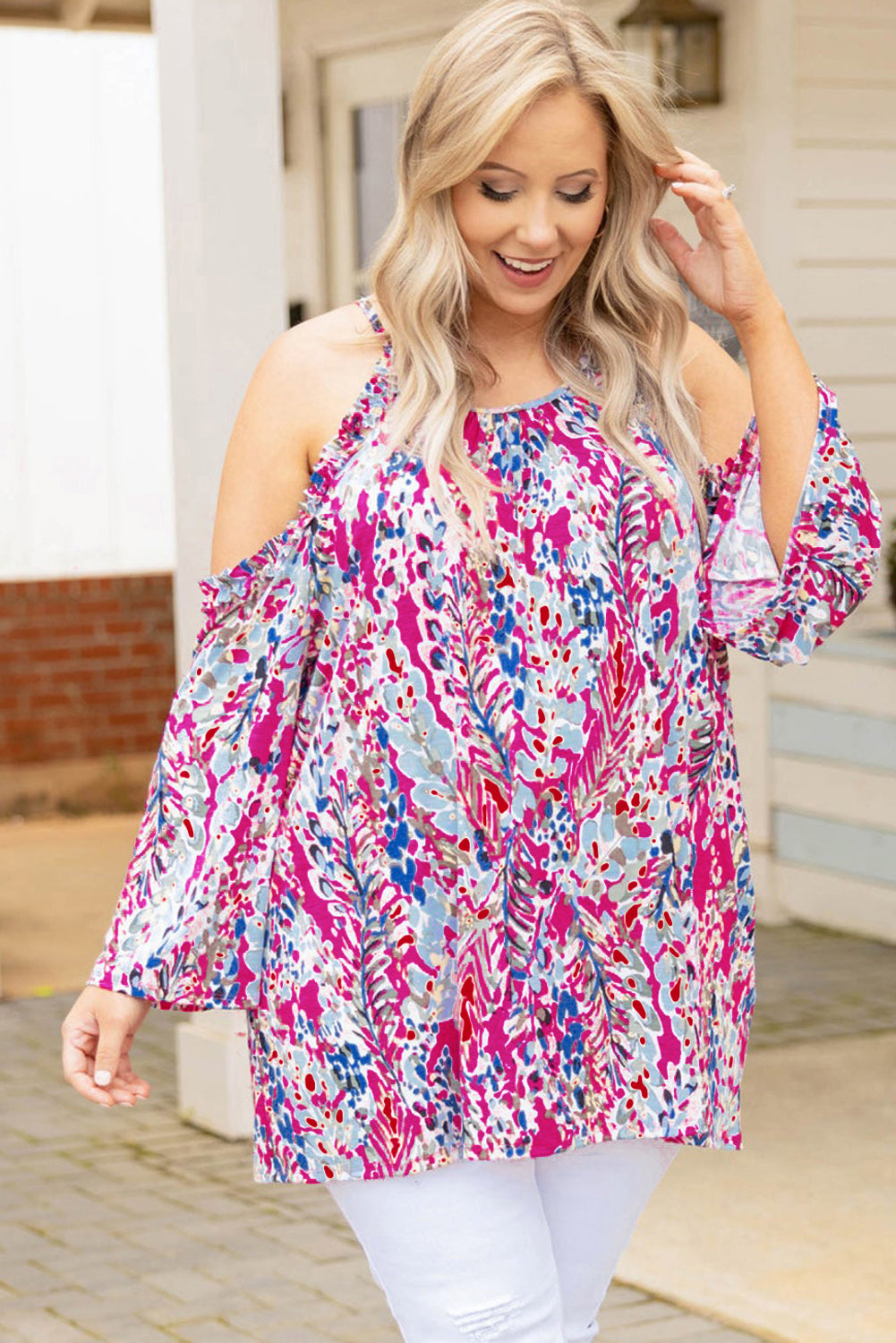 Abstract Print Boho Cold Shoulder Plus Size Top *