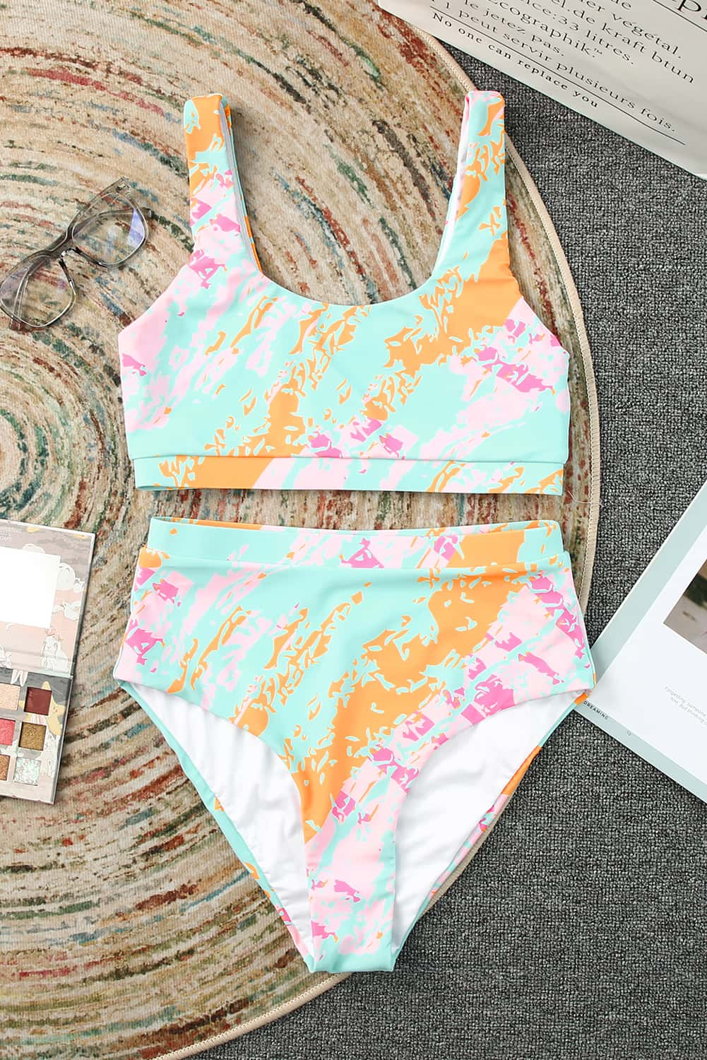 Light Blue Abstract Print High Waist Bikini Swimsuit *