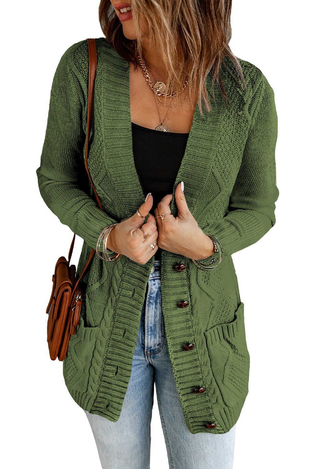 Color Block Button Up Closure Knitted Cardigan with Pocket *